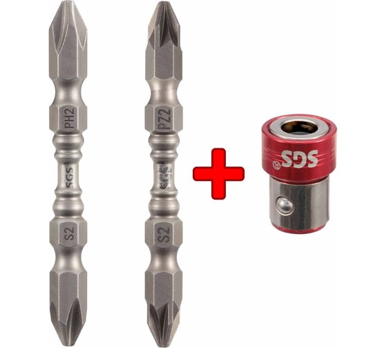 Набор бит двухсторонних SGS PH2, PZ2 с магнитным адаптером 3шт 6365-PZPH-3 1