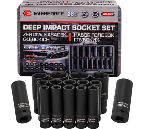 Головки ударные EVERFORCE набор 16 предметов, 1/2" (10-19, 21, 22, 24, 27, 30, 32мм, 6гр.) EF-4167-5MPB(62991)