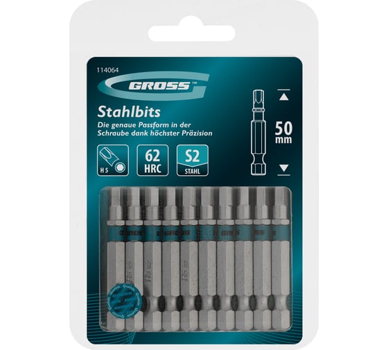 Бита GROSS HEX5, 50мм, сталь S2, шестигр., 10 шт 114064 1