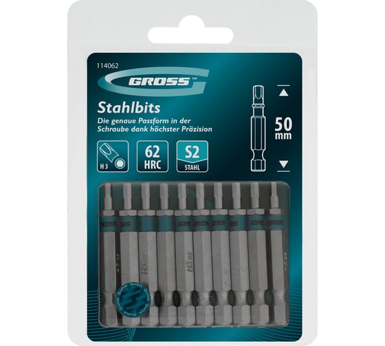 Бита GROSS HEX3, 50мм, сталь S2, шестигр., 10 шт 114062 1