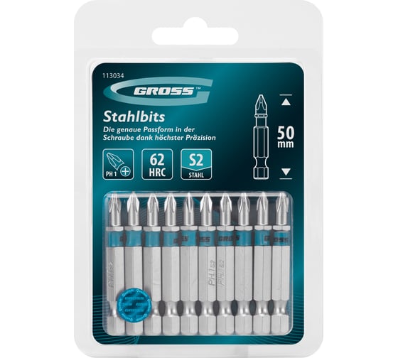 Бита GROSS PH1, 50мм, сталь S2, шестигр., 10 шт 113034 1
