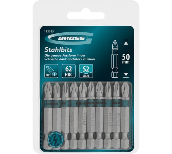 Бита GROSS PH2, 50мм, сталь S2, шестигр., 10 шт 113035 1