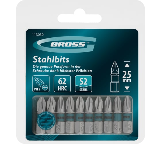 Бита GROSS PH2, 25мм, сталь S2, шестигр., 10 шт 113030 1