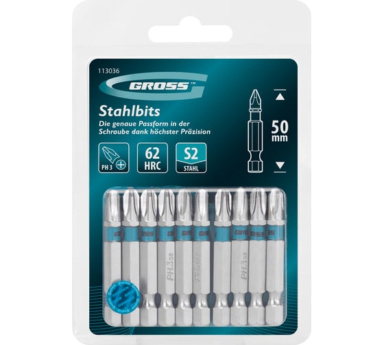 Бита GROSS PH3, 50мм, сталь S2, шестигр., 10 шт 113036 1