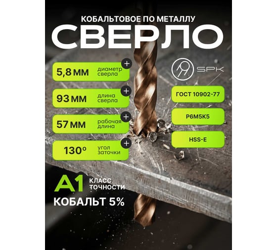 Сверло SPK 5.8мм цх DIN338/ГОСТ 10902-77 Класс А1 Р6М5К5/HSS-E 10 шт A5,8DIN338M35