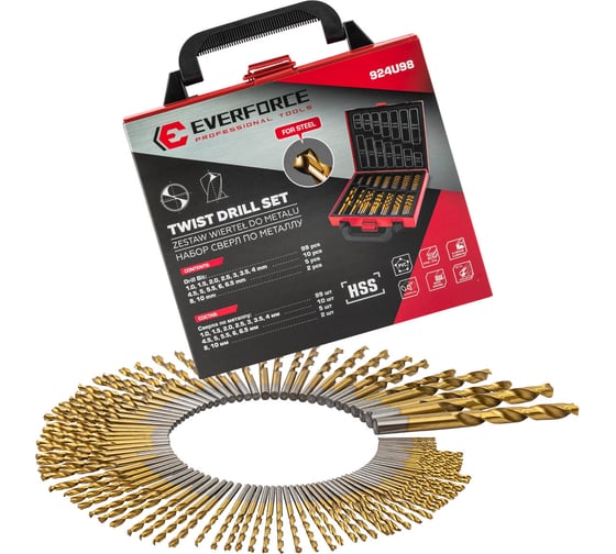 Сверла по металлу EVERFORCE набор 99 предметов (для работы с мягкими металлами) EF-924U98(62848) 1
