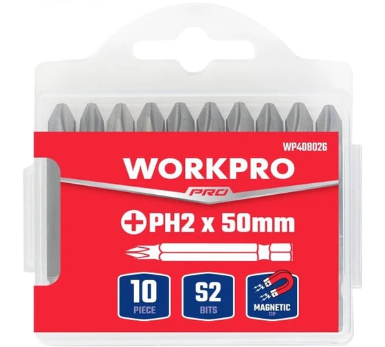 Набор ударных бит Workpro PRO IMPACT PH2, 50мм -10шт (сталь S2, хвостовик HEX 1/4) WP408039 1