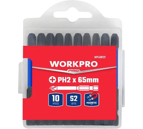 Набор ударных бит Workpro PRO IMPACT PH2, 65мм -10шт (сталь S2, хвостовик HEX 1/4) WP408121