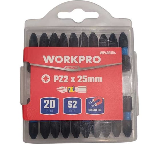 Набор ударных бит Workpro PRO IMPACT PZ2, 25мм -20шт (сталь S2, хвостовик HEX 1/4) WP408104 1