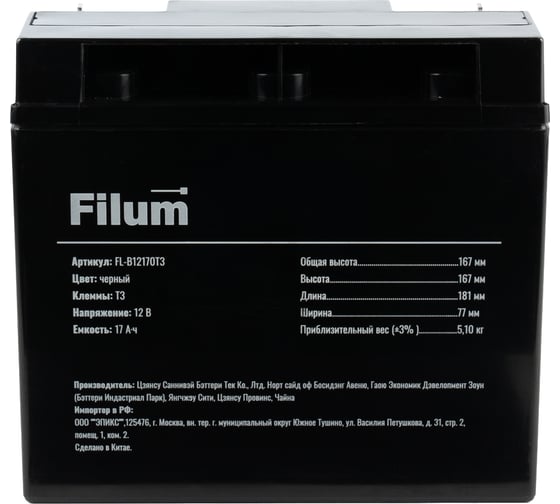Батарея для ИБП Filum AGM VRLA 12 В, 17 Ач, (ШхВхГ) 181х167х77 мм, с клеммой Т3 FL-B12170T3 1