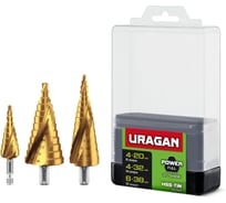 Набор сверл ступенчатых Uragan 3 шт, 4-38мм, винтовая спираль 29658-4-38-H3