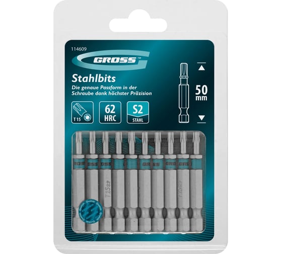 Бита GROSS Torx 15х50мм, сталь S2, шестигранная, 10 шт. 114609 1