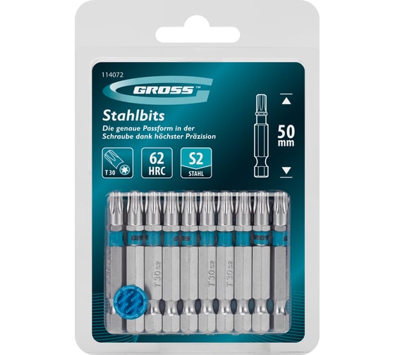 Бита GROSS Torx 30, 50мм, сталь S2, шестигр., 10 шт 114072 1