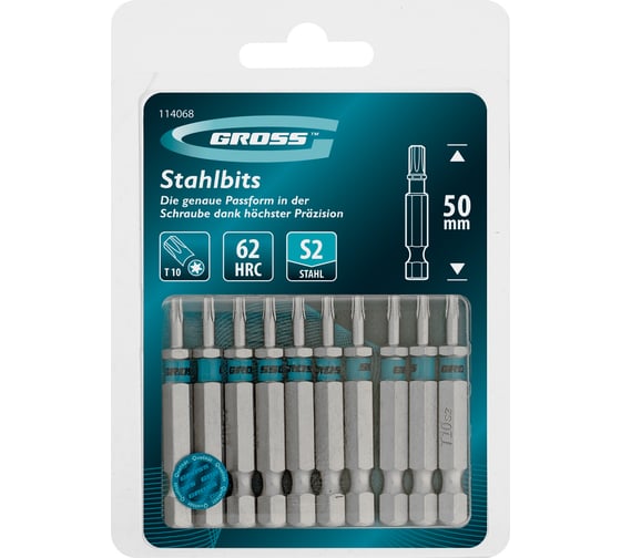 Бита GROSS Torx 10, 50мм, сталь S2, шестигр., 10 шт 114068 1