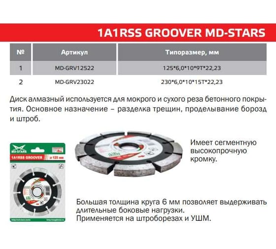 Диск алмазный 1A1RSS GROOVER (125х6х10х22.23 мм; 9T) MD-STARS MD-GRV12522