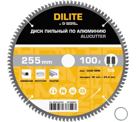 Диск пильный по алюминию, пластику Diamond Industrial 255 х 30/25,4 мм Z=100 TCG AluCutter DILITE DIDADL255Z100