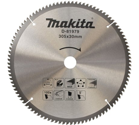 Пильный диск универсальный Makita для алюминия/дерева/пластика, 305x30x2.8/2x100T D-81979