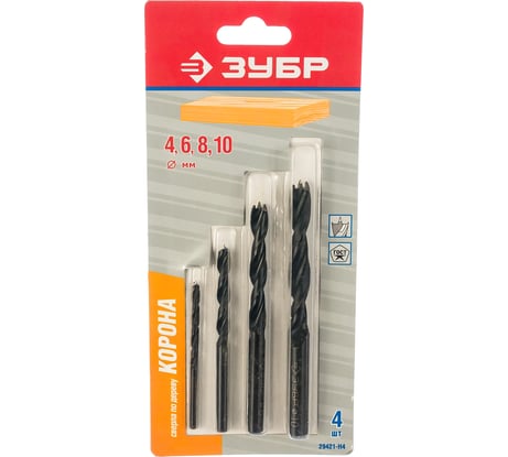 Набор спиральных сверл по дереву (4 шт.) "Корона" ЗУБР 29421-H4