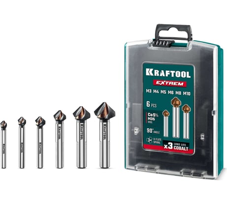 Набор зенкеров KRAFTOOL Extrem Со5-А, 6 шт (М3-М10), сталь M35, U-образная спираль 29734-H6