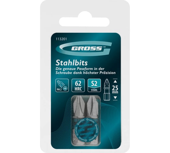 Бита GROSS PH2, 25мм, сталь S2, шестигр., 2 шт 113201