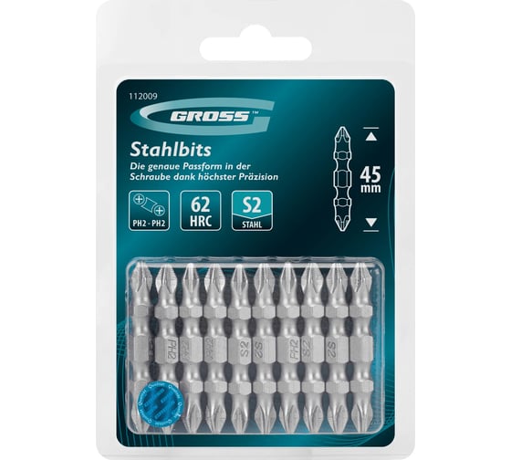 Бита GROSS двухсторонняя, PH2-PH2, 45мм, сталь S2, 10 шт 112009