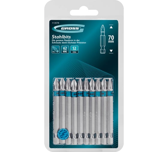 Бита GROSS PH2, 70мм, сталь S2, шестигр., 10 шт 113078