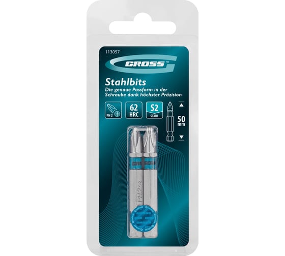 Бита GROSS PH2, 50мм, сталь S2, шестигр., 2 шт 113057