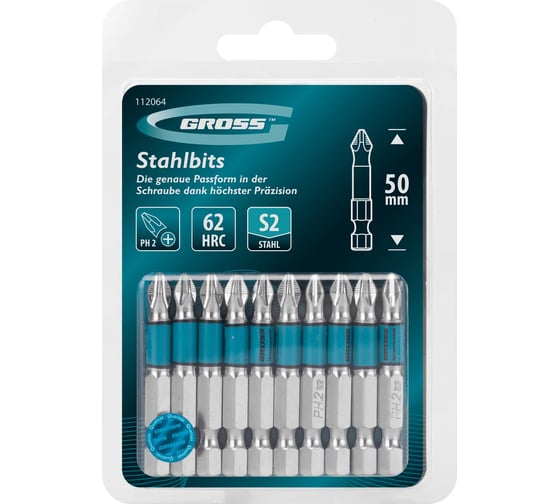 Бита GROSS PH2, 50мм, сталь S2, кругл., 10 шт 112064