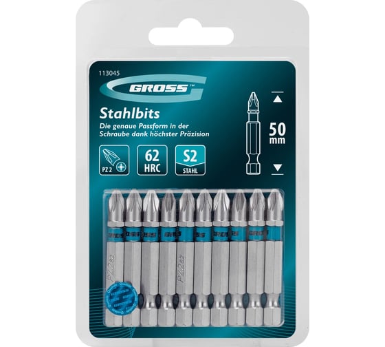 Бита GROSS PZ2, 50мм, сталь S2, шестигр., 10 шт 113045