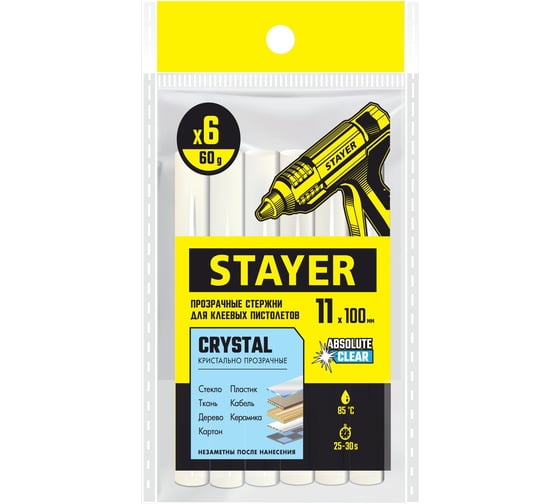 Стержни клеевые прозрачные, универсальные 11х100 мм, 6 шт, STAYER Professional Cristal 0682-H6