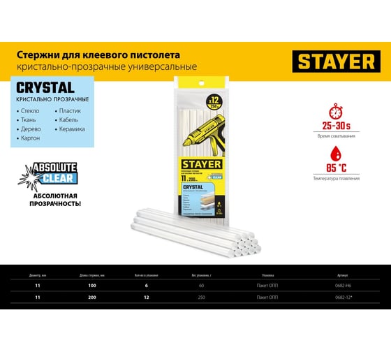 Стержни клеевые прозрачные, универсальные 11х100 мм, 6 шт, STAYER Professional Cristal 0682-H6