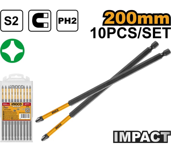 Набор ударных бит INGCO PH2, 200 мм 10 шт INDUSTRIAL SDBIM11PH285