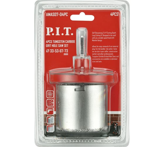 Набор карбидных коронок по стеклу и керамике P.I.T. 4 шт, 33/53/67/73x58 мм, адаптер AMAS07-04PC