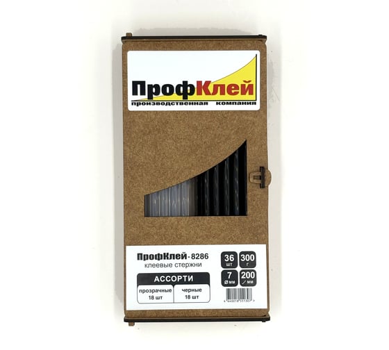 Клеевые стержни ПрофКлей 8286 ассорти (прозрачные + черные), 7х200 мм, 36 шт, 300 г RU.8286.TB