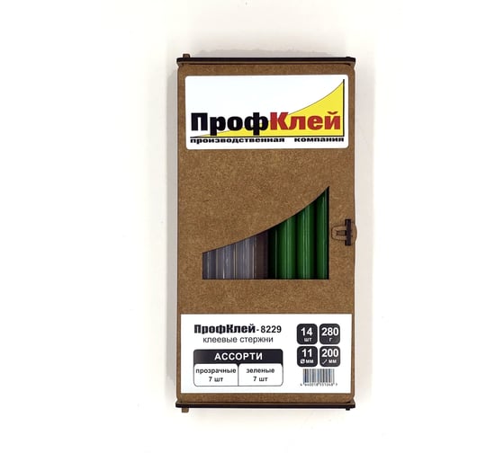 Клеевые стержни ПрофКлей 8229 ассорти (прозрачные + зеленые), 11х200 мм, 14 шт, 280 г RU.8229.TG