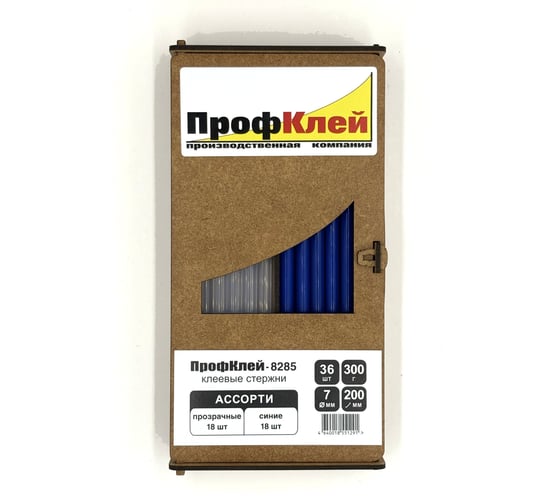 Клеевые стержни ПрофКлей 8285 ассорти (прозрачные + синие), 7х200 мм, 36 шт, 300 г RU.8285.TB