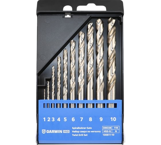 Набор сверл спиральных по металлу GARWIN  1.0-10.0, шаг 1 мм, DIN 338, HSS-G, 10 предметов 100611-10