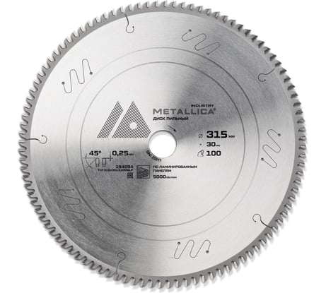 Диск основной для форматно-раскроечных станков METALLICA Industry 315х30 мм 100 зуб T=3,2 мм по лам. панелям 194094