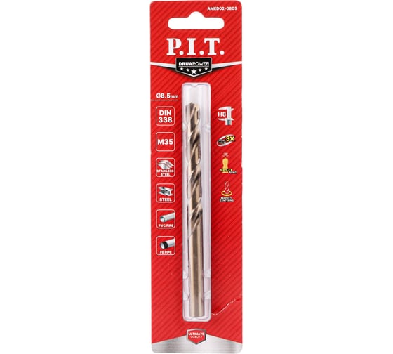 Сверло по металлу кобальтовое с титановым покрытием P.I.T. 8.5x125мм, М35, Со5%, 135 AMED02-0805