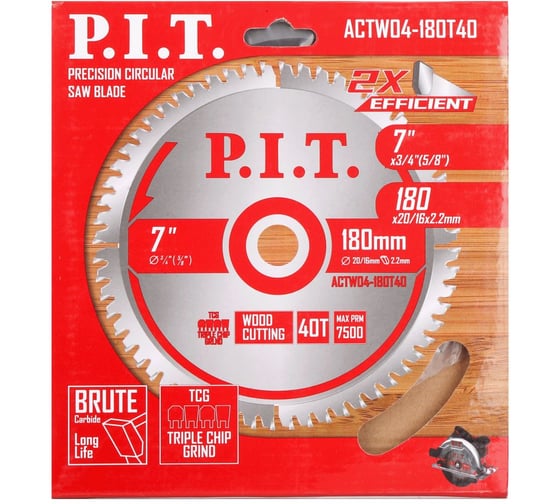 Диск пильный по дереву P.I.T. 180x20/16x1.4 мм 40T, тип зуба TCG ACTW04-180T40