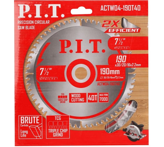 Диск пильный по дереву P.I.T. 190x30/20/16x2 мм 40T, тип зуба TCG ACTW04-190T40
