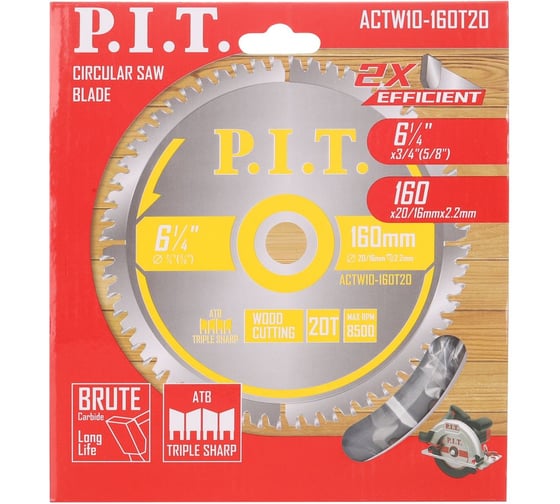 Диск пильный по дереву P.I.T. 160x20/16x2.2 мм 20T, тип зуба ATB ACTW10-160T20