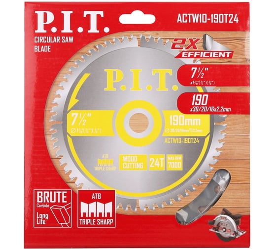 Диск пильный по дереву P.I.T. 190x30/20/16x2.2 мм 24T, тип зуба ATB ACTW10-190T24