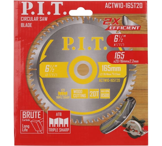 Диск пильный по дереву P.I.T. 165x30/20x2.2 мм 20T, тип зуба ATB ACTW10-165T20