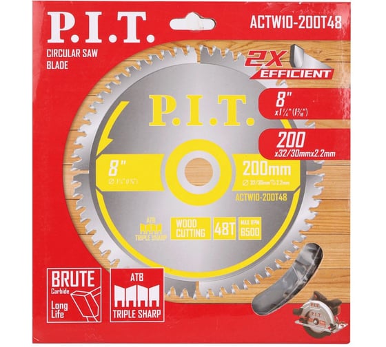 Диск пильный по дереву P.I.T. 200x32/30x2.2 мм 48T, тип зуба ATB ACTW10-200T48