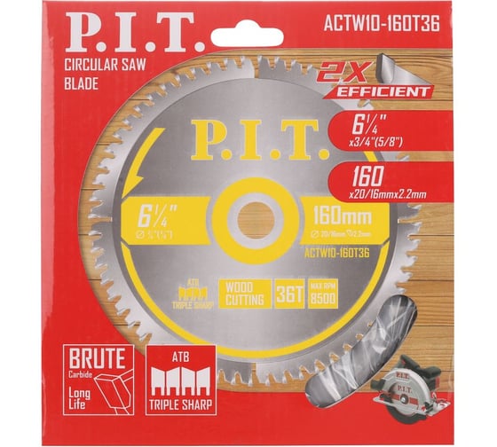 Диск пильный по дереву P.I.T. 160x20/16x2.2 мм 36T, тип зуба ATB ACTW10-160T36