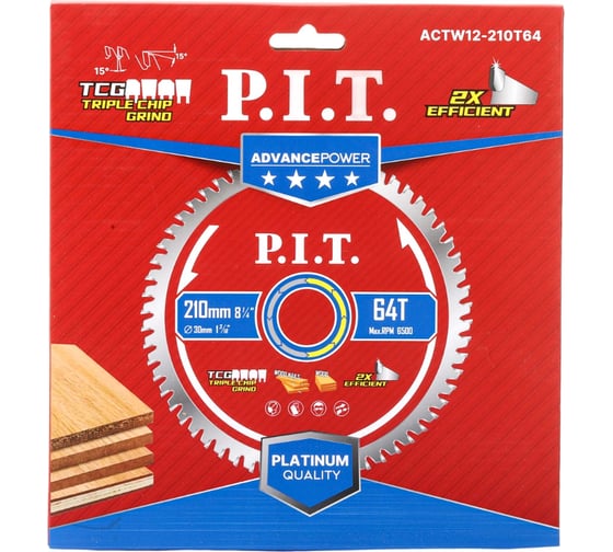 Диск пильный по дереву P.I.T. ADVANCE 210x30x2.2 мм, 64T Carbide, зуб TCG 15 ACTW12-210T64