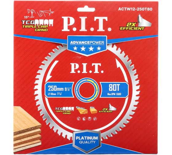 Диск пильный по дереву P.I.T. ADVANCE 250x30x2.4 мм, 80T Carbide, зуб TCG 15 ACTW12-250T80