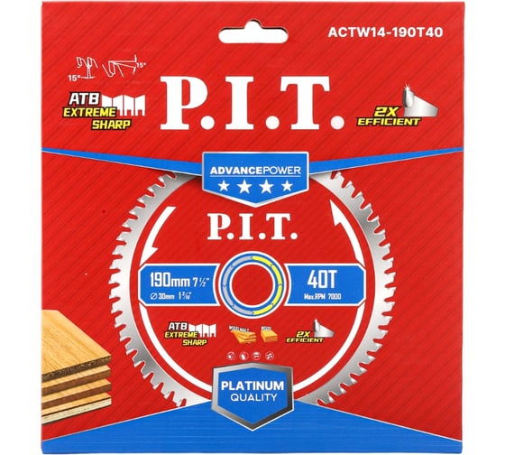 Диск пильный по дереву P.I.T. ADVANCE 190x30x1.4 мм, 40T Carbide, зуб ATB 15 ACTW14-190T40