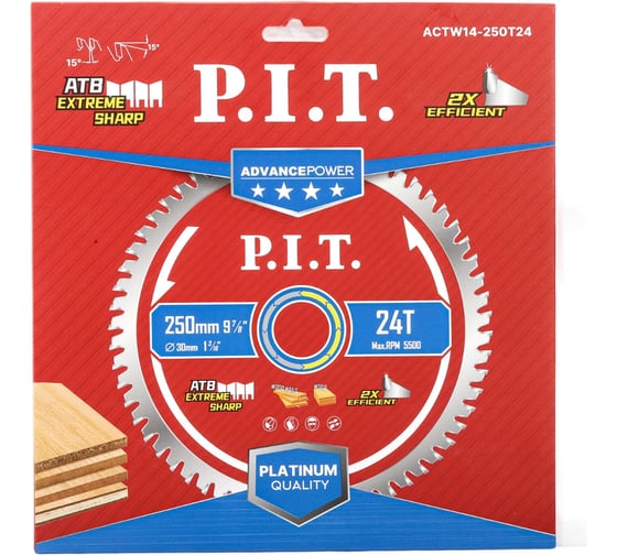 Диск пильный по дереву P.I.T. ADVANCE 250x30x2.2 мм, 24T Carbide, зуб ATB 15 ACTW14-250T24